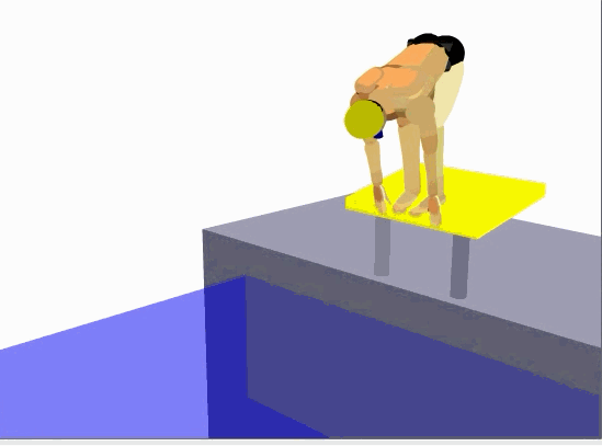 游泳预备姿势、游泳蹬台起跳、游泳腾空阶段、游泳入水滑行左前视角动态模拟图
